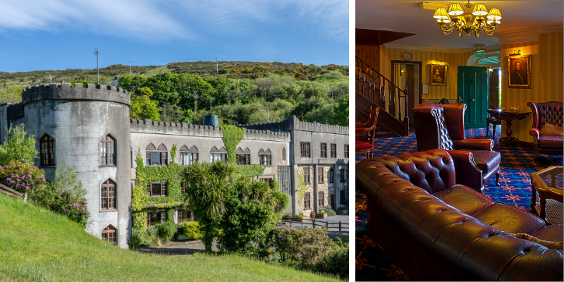 Abbeyglen Castle next to a photo of the castle's lounge