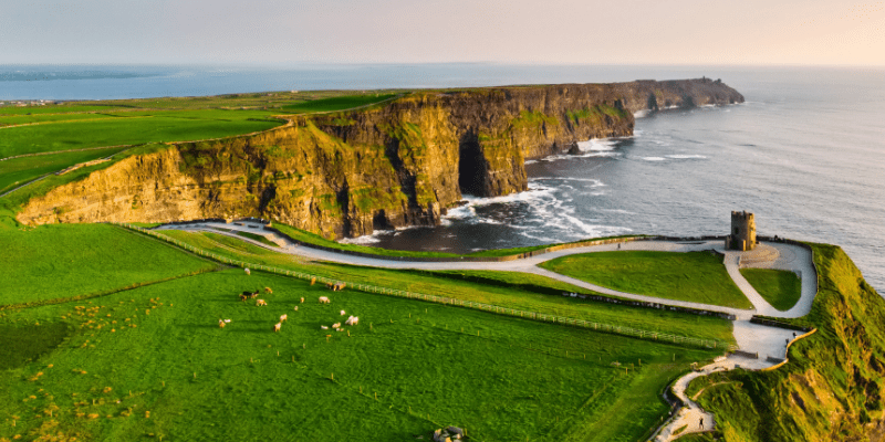 Landscape of Ireland with a castle.