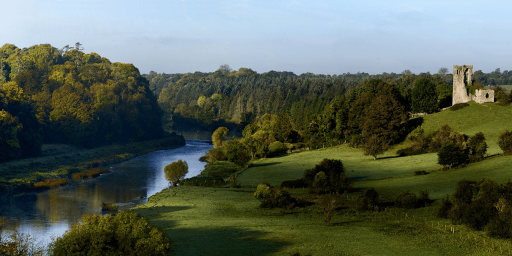 Irish landscape with a castle and a lake