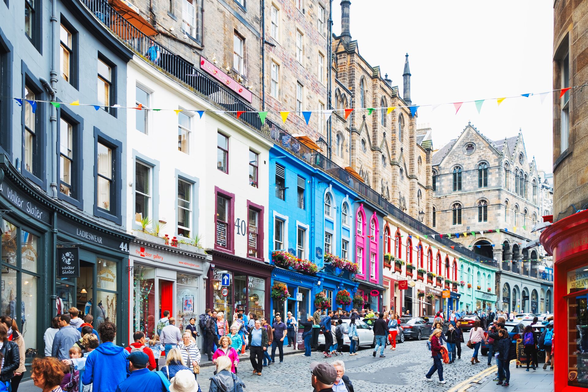Colorful street with shops Edinburgh Old Town
