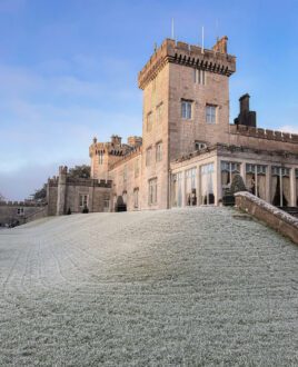 Outside Dromoland Castle in winter with frosted grass