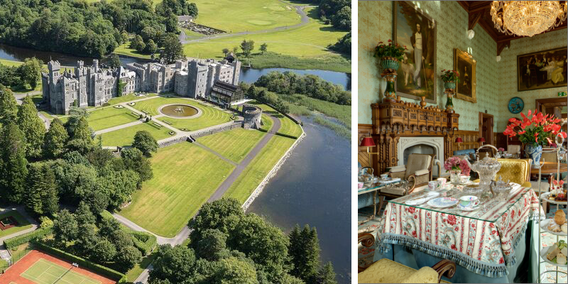 Aerial view of Ashford Castle next to the photo of a living room with fireplace