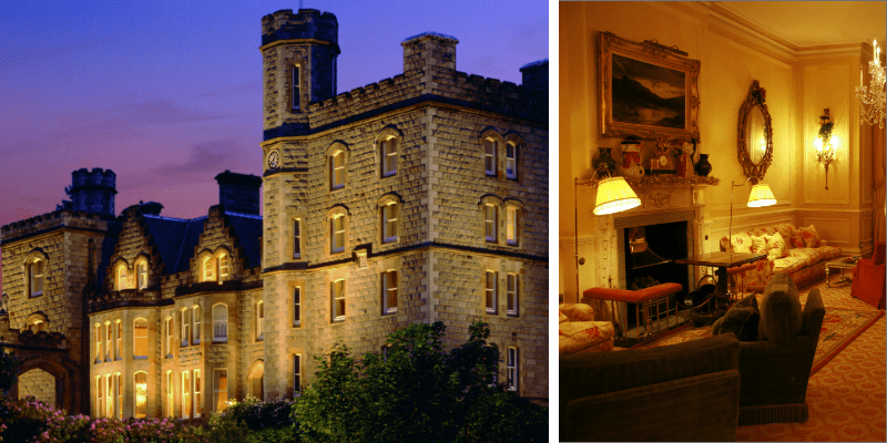 Inverlochy Castle Hotel next to the castle's lounge with fireplace