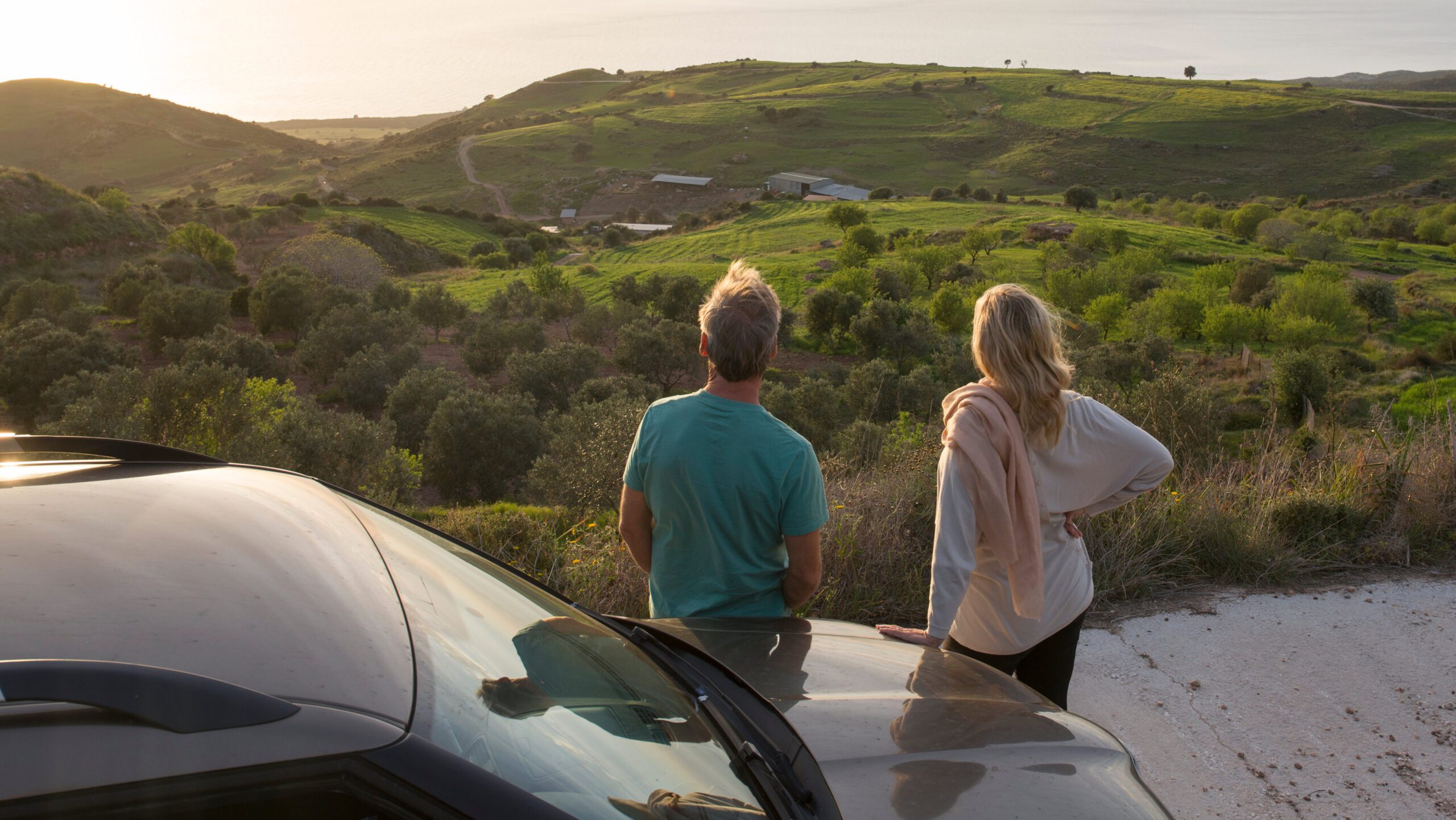 A man and woman look off over green hills towards the ocean, their backs to a luxury self-drive car as part of the Brendan Vacations travel style.