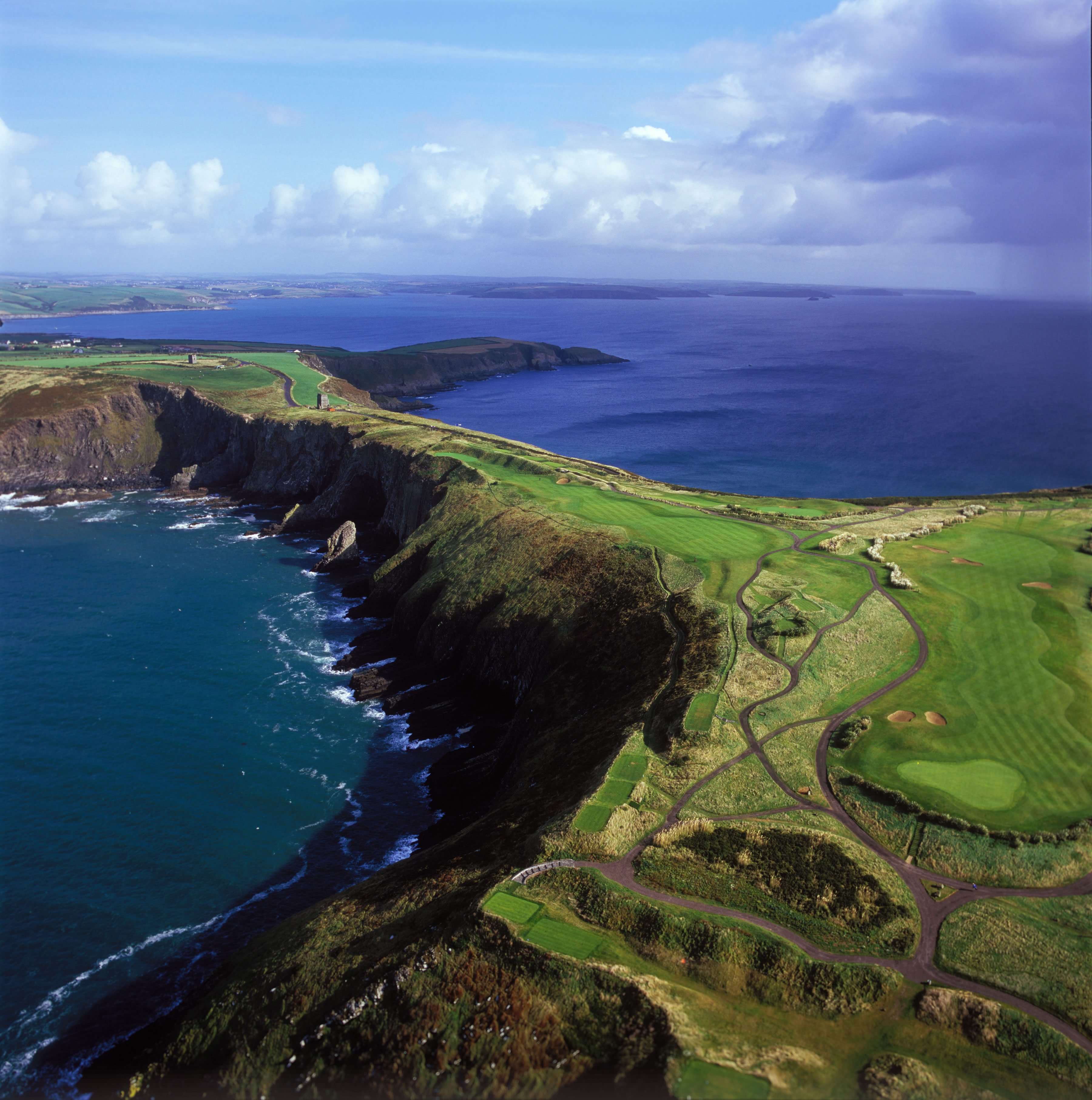 Aerial of Old Head golf course in Kinsale Ireland