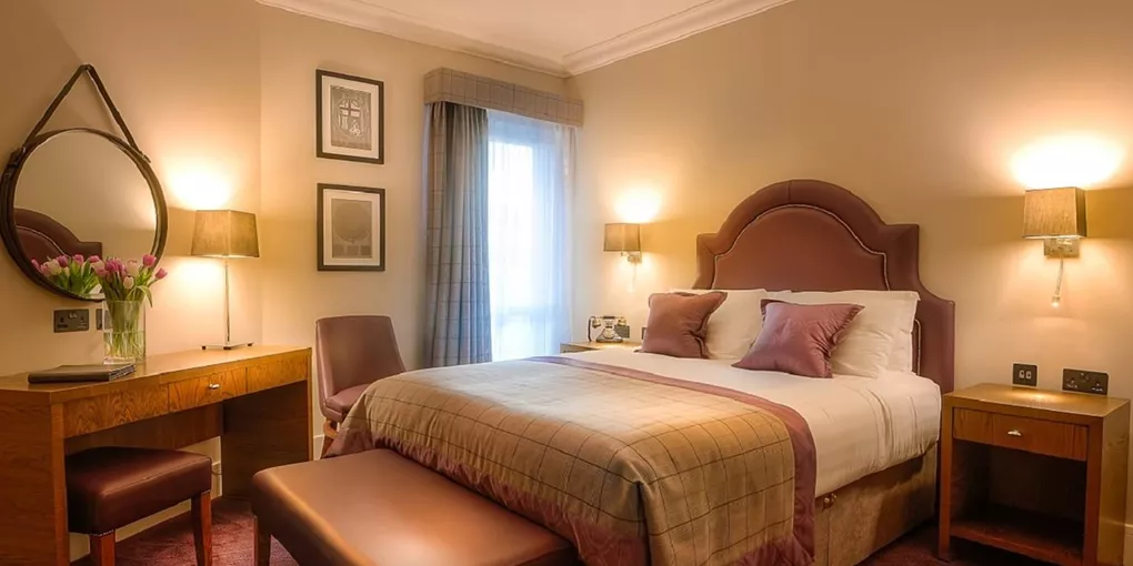 A hotel room with a bed, desk, and chair