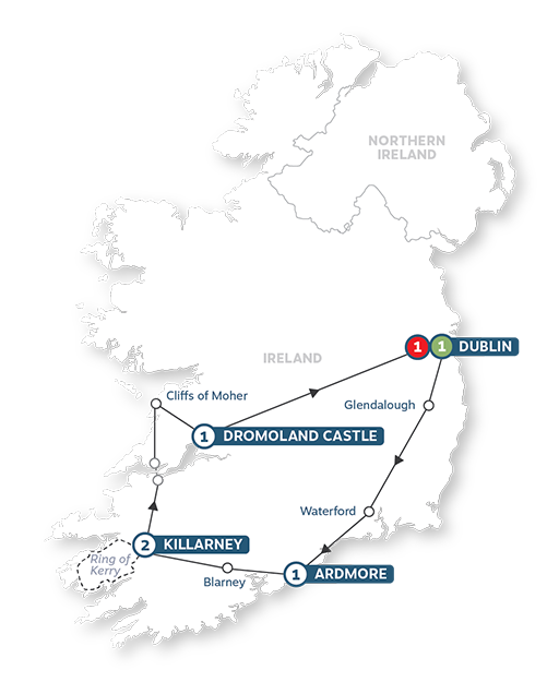 Irish Cities, Landscapes & Castles Private Chauffeur Tour Map