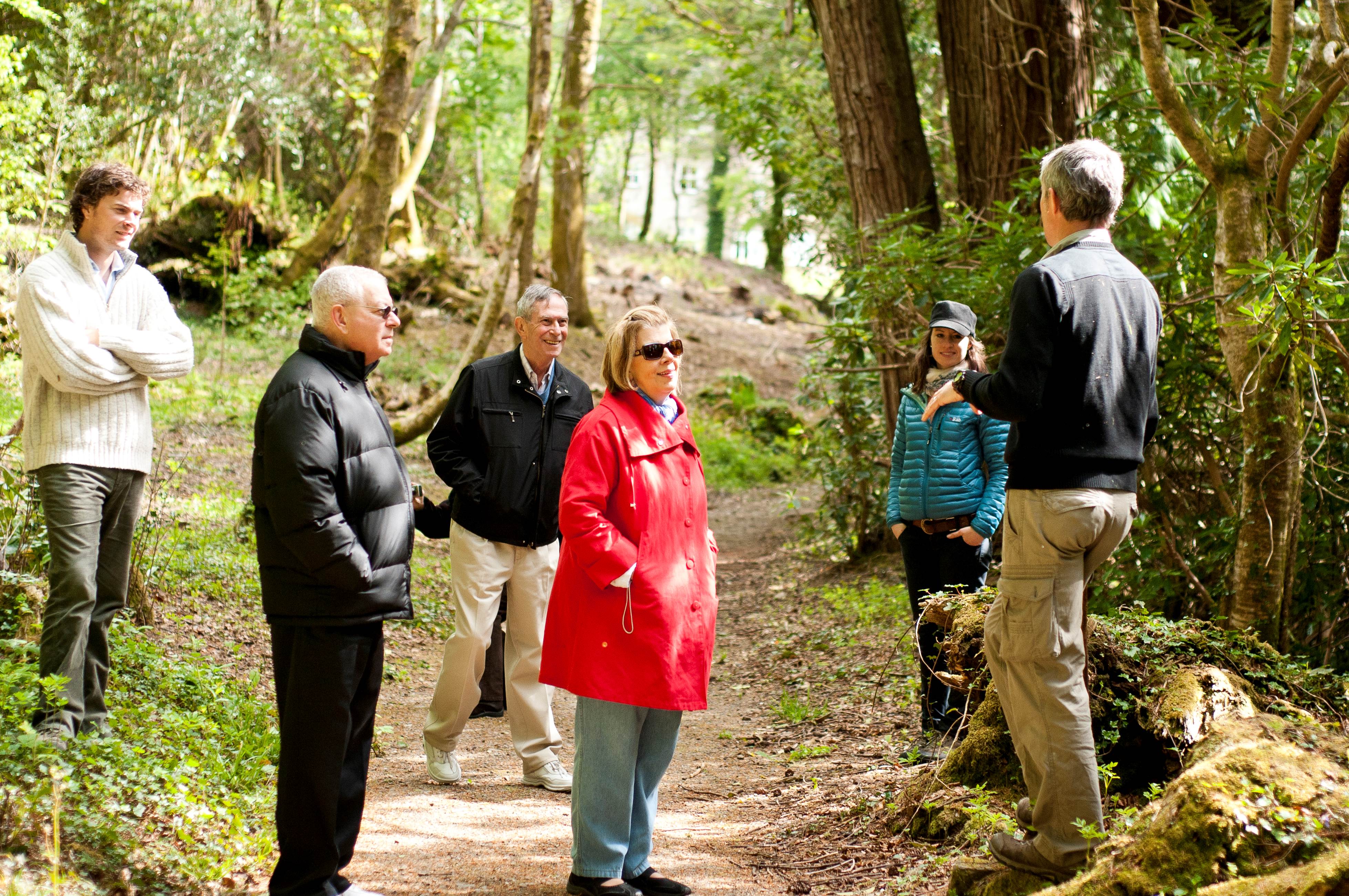 A group of people standing on a path in the woods