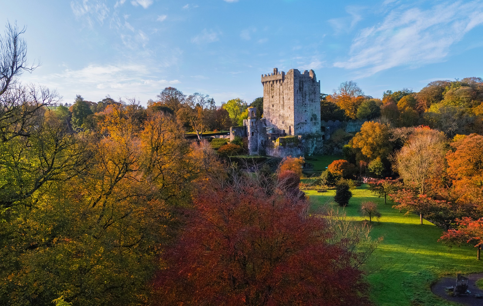 Blarney castle and gardens with beautiful autumn leaves