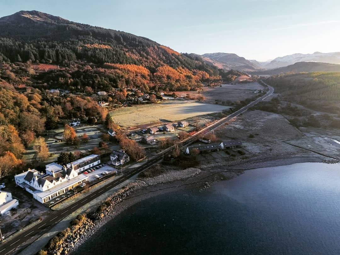 Aerial view of Balmacara Hotel on Isle Of Skye with surrouding hills