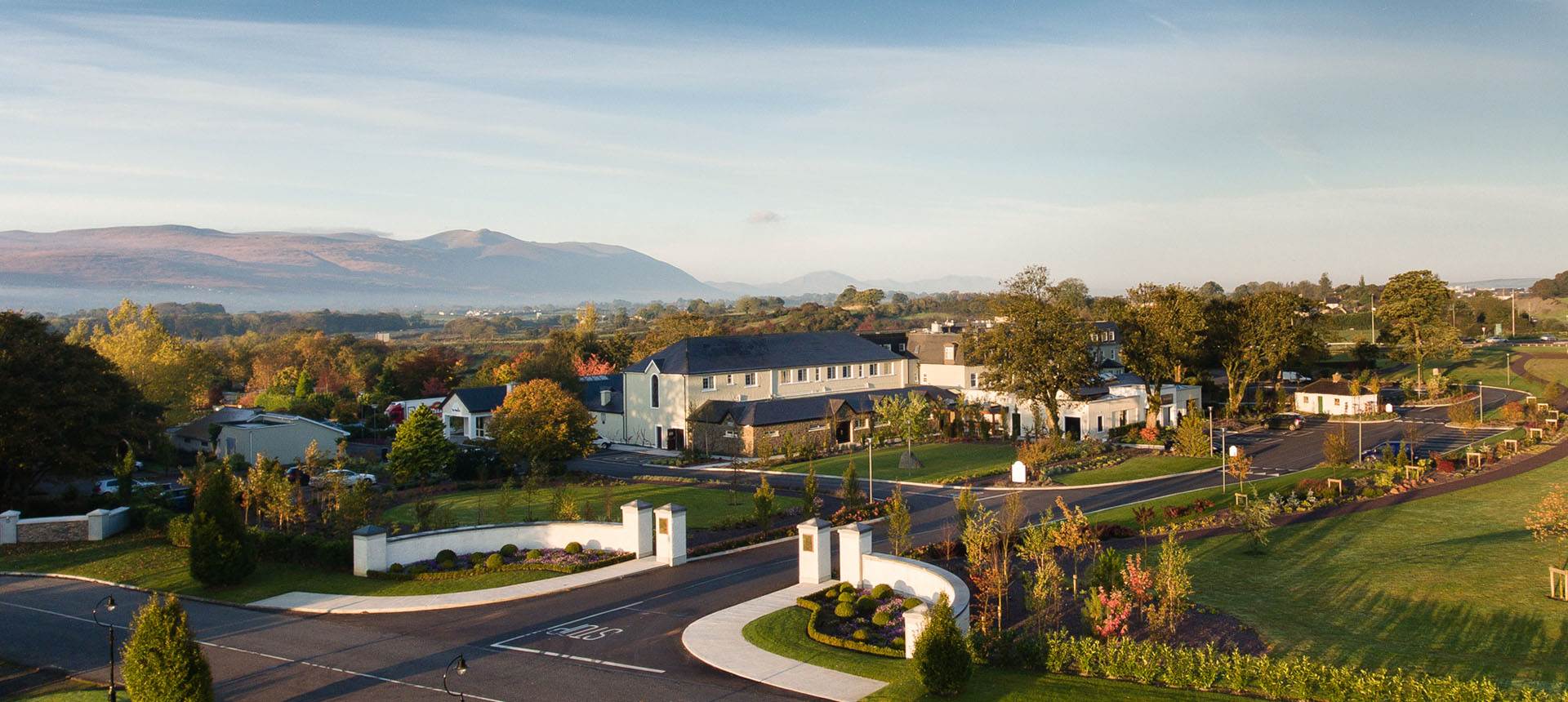 An aerial view of a residential area in the mountains