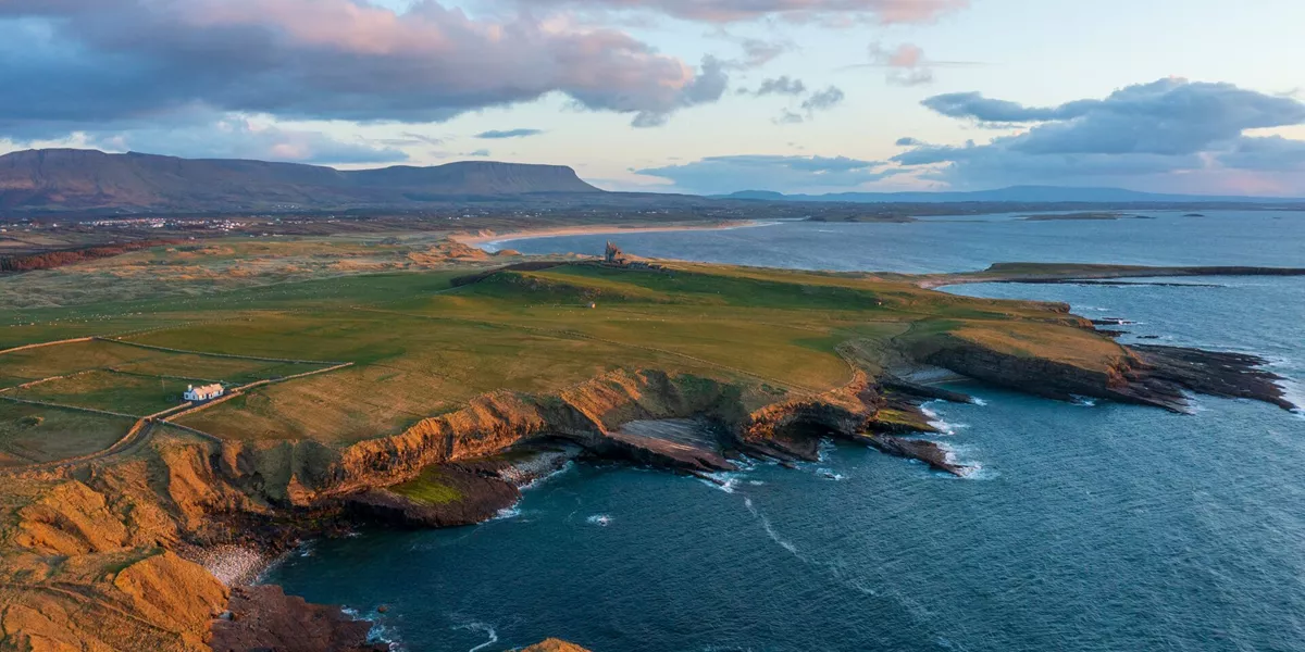 Aerial view of Mullaghmore Headand Classiebawn Castle in Ireland