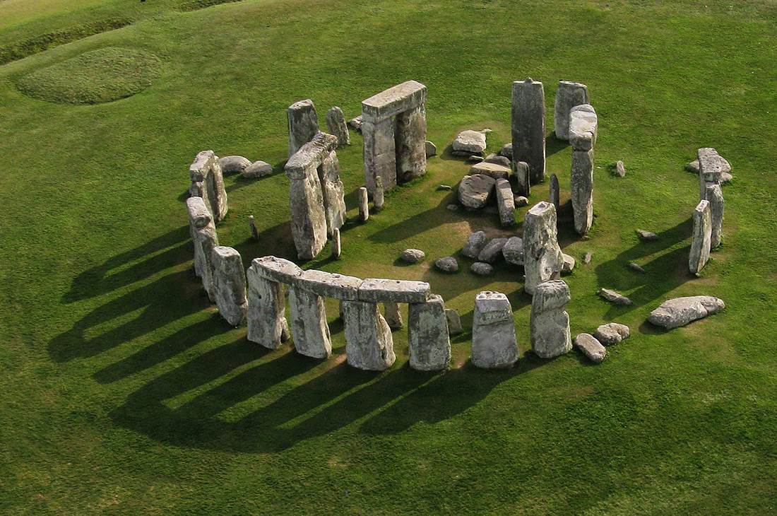An aerial view of Stonehenge in a grassy field