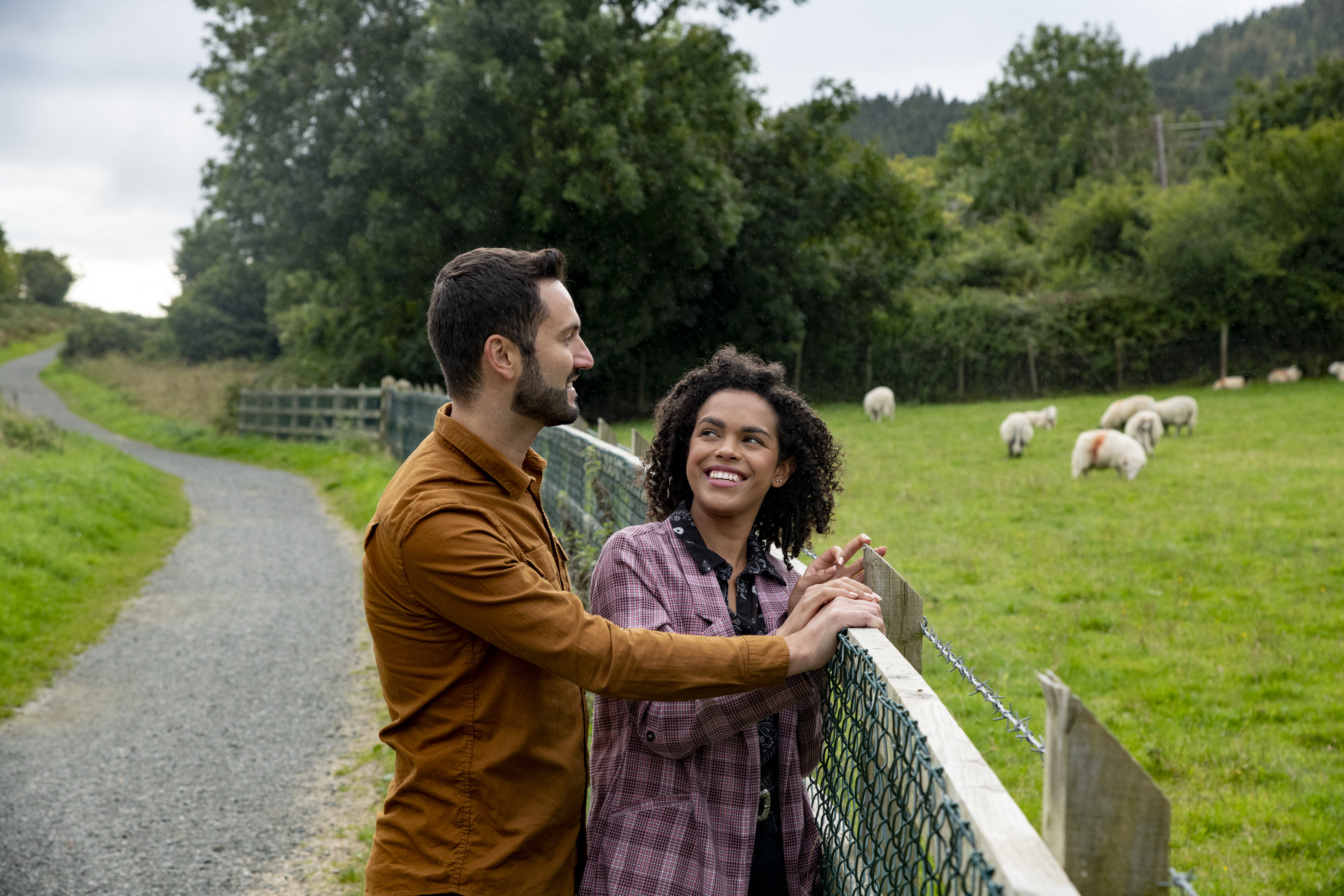 A couple on a trip admiring lush green fields with sheep
