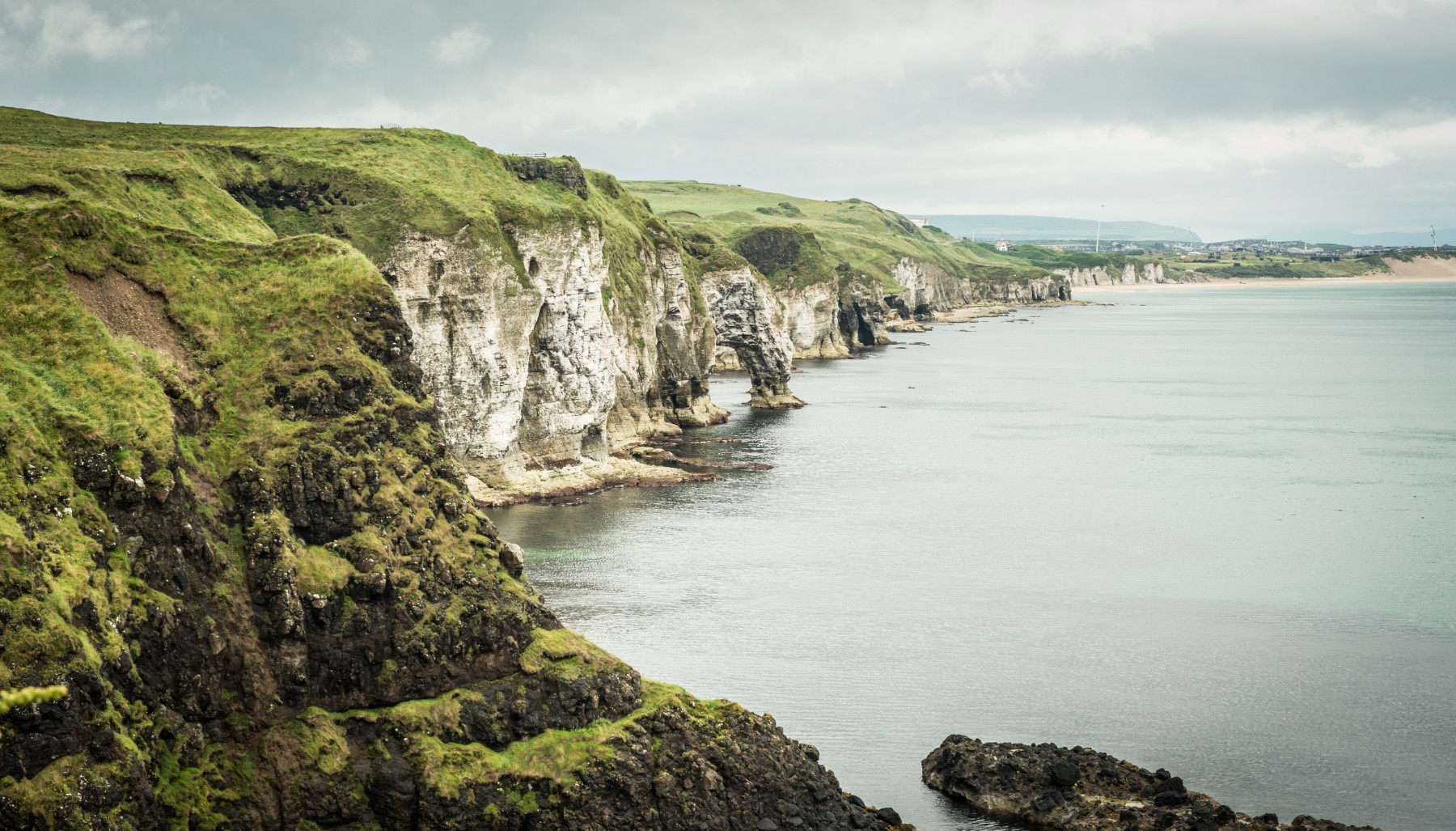 View from Dunluce Castle of cliffs and sea