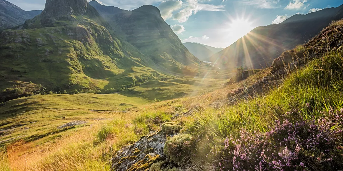 Scenic valley below the mountains of Glencoe, Highlands, Scotland