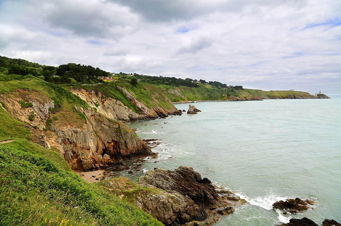 A scenic view of the ocean and cliffs