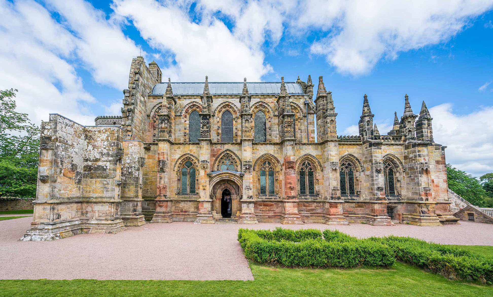 Rosslyn Chapel with stone architecture in Edinburgh, Scotland