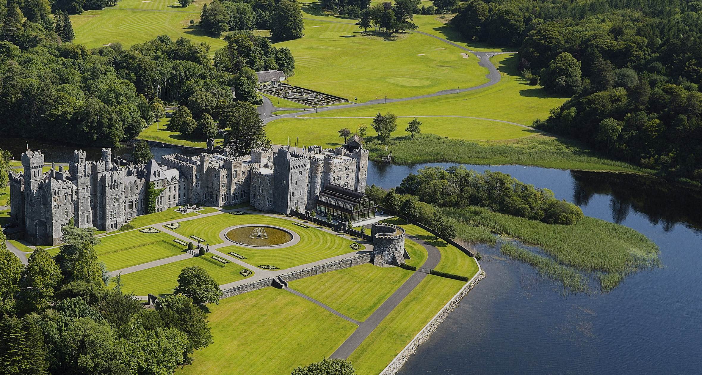 Aerial view of Ashford Castle in Ireland