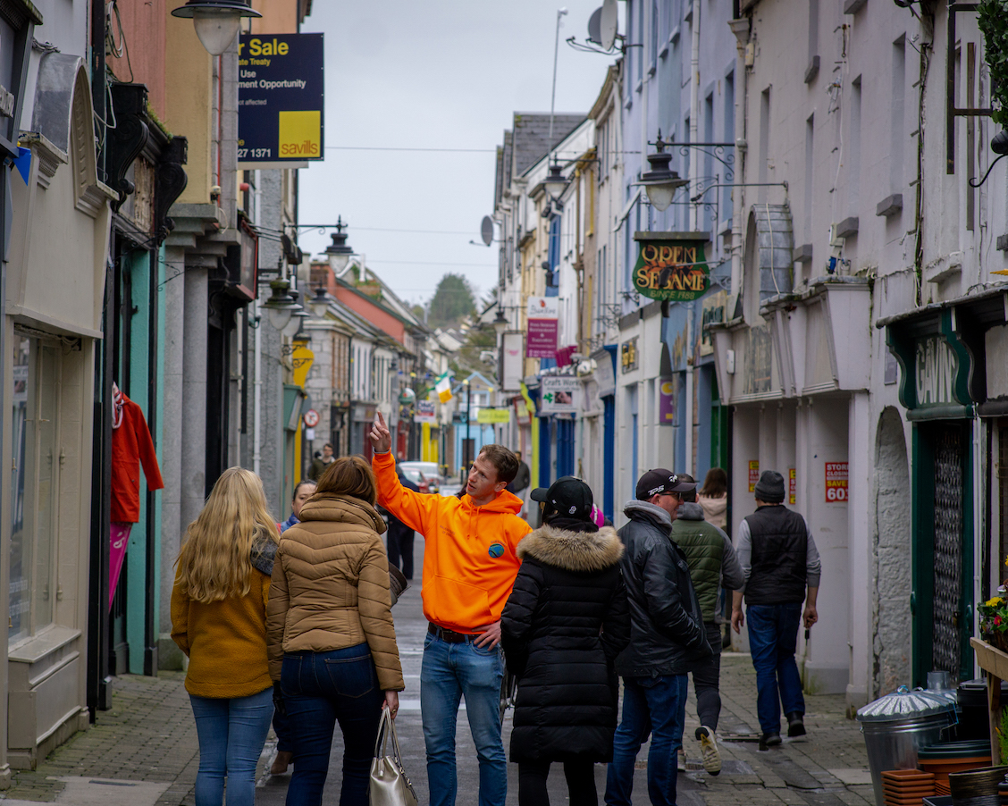 Travellers on Ennis Walking Tour on a cloudy day
