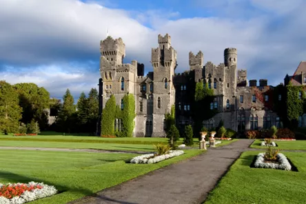 Castle with green lawns and pretty colourful flower beds