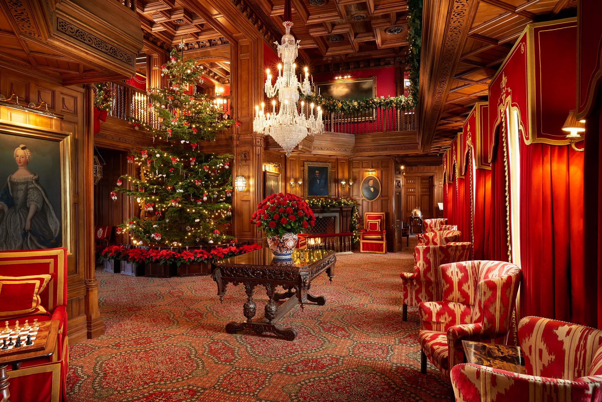 Lobby in Ashford Castle with Christmas tree