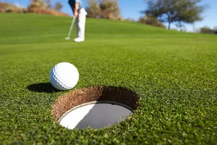 A golf ball sitting on top of a green field next to a hole