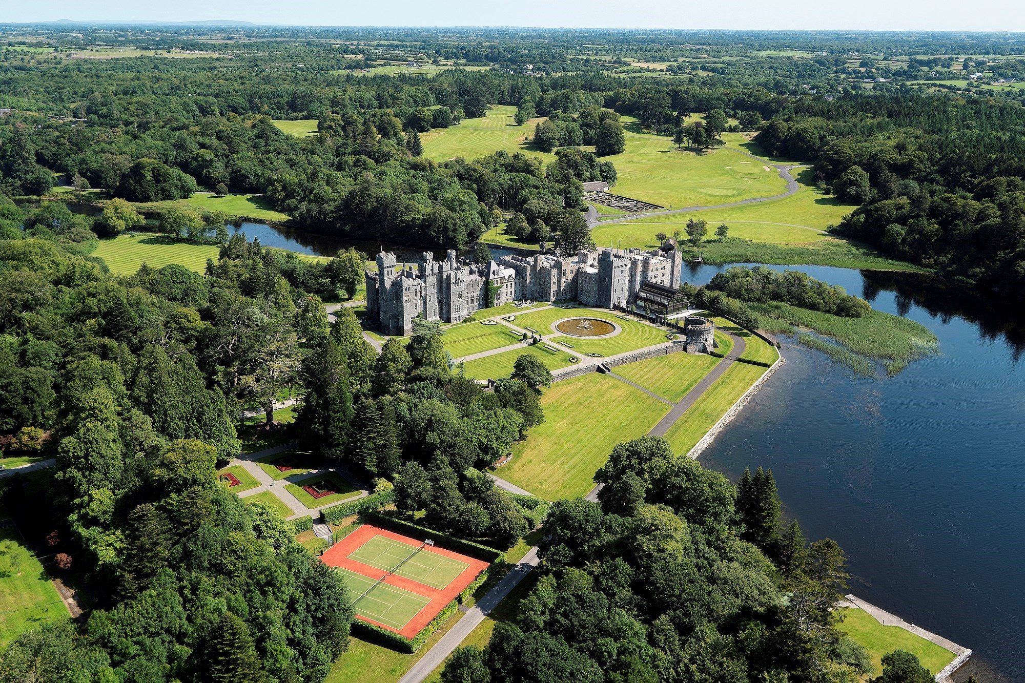 An aerial view of Ashford Castle and it's grounds in Cong, Ireland