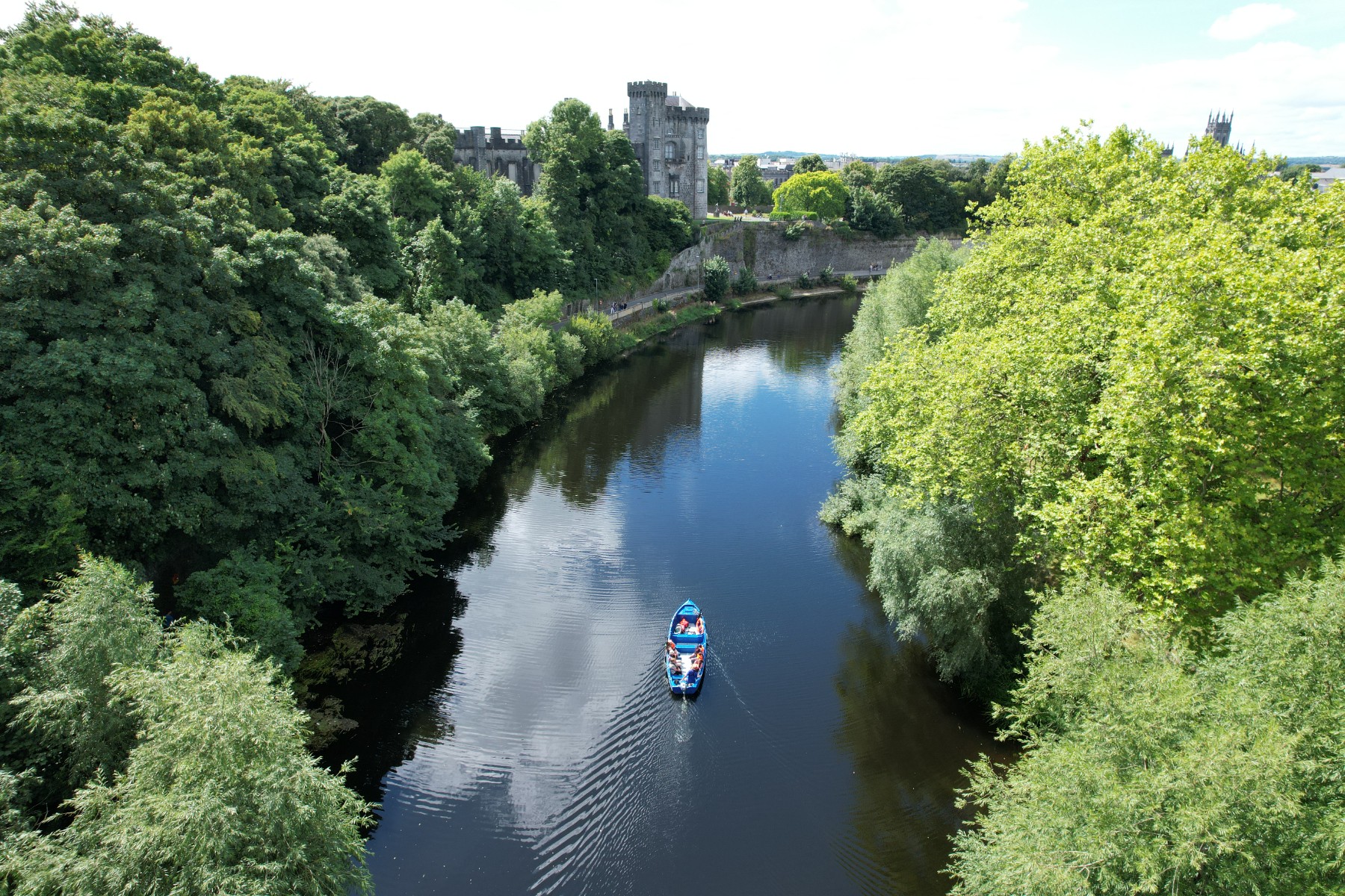Aerial view of boat and river on kilkenny boat tour