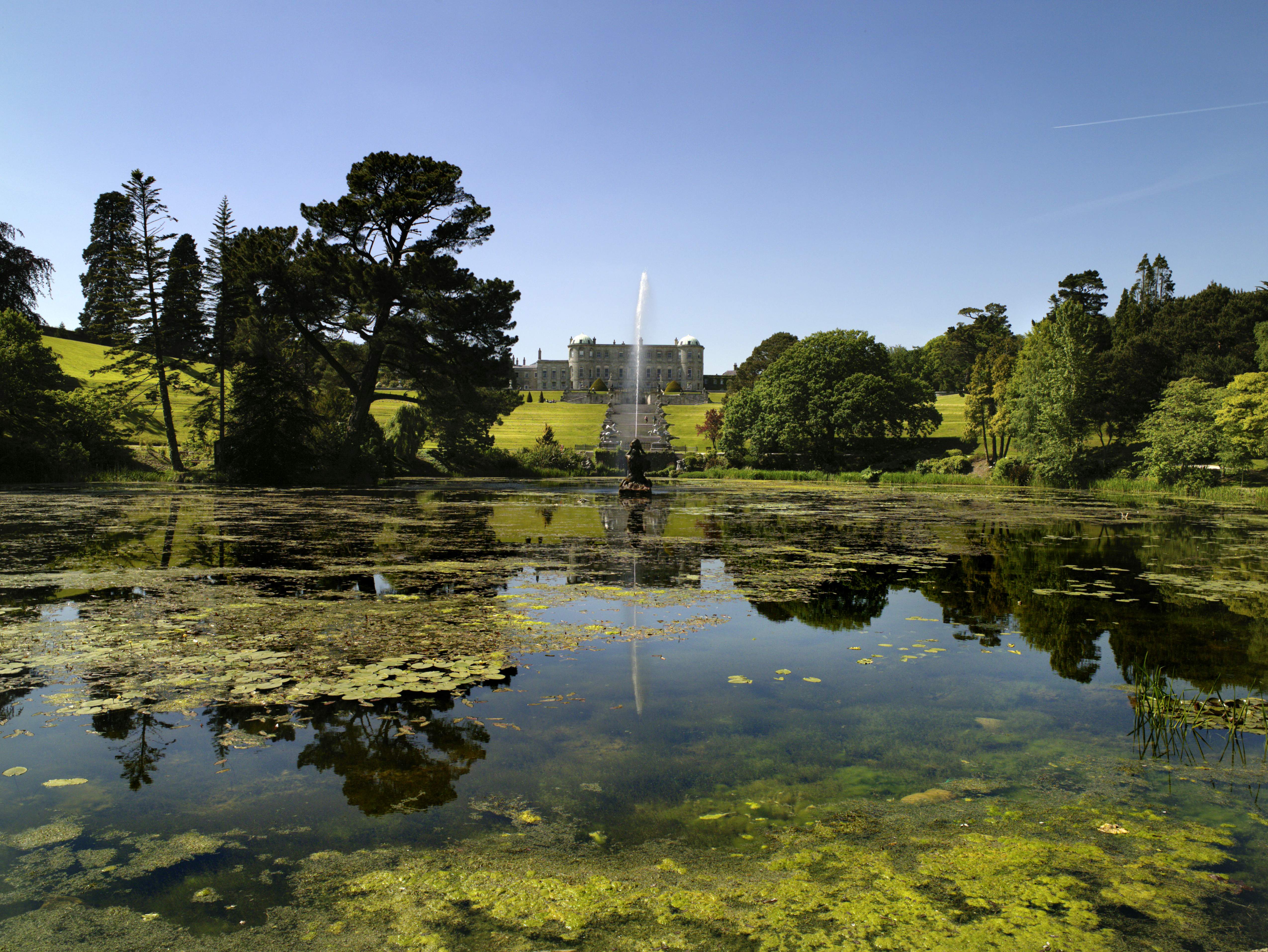 View of the house and gardens at Powerscourt Hotel in Wicklow near Dublin Ireland 
