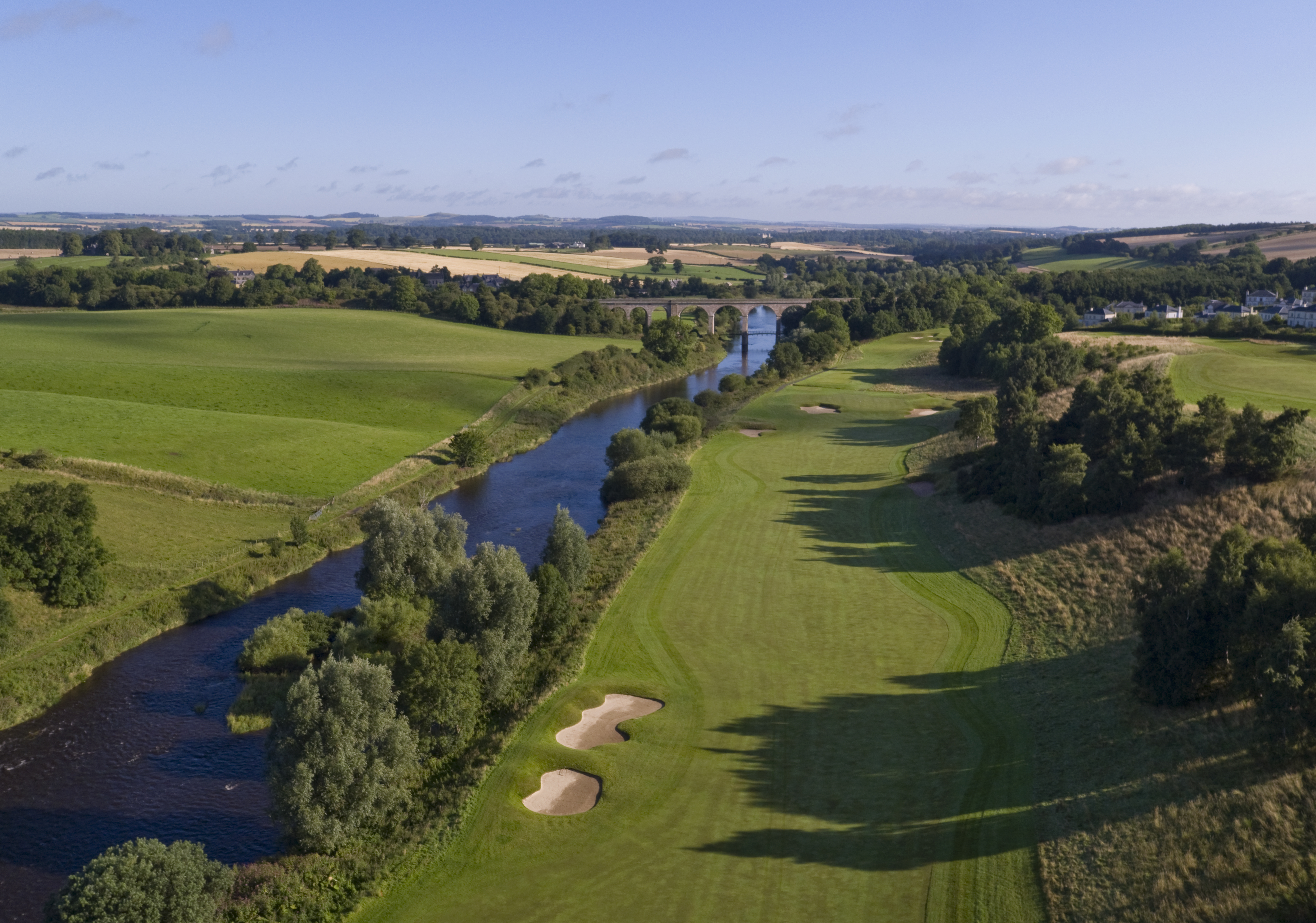Aerial of golf course at Schloss Roxburghe in Kelso Scotland