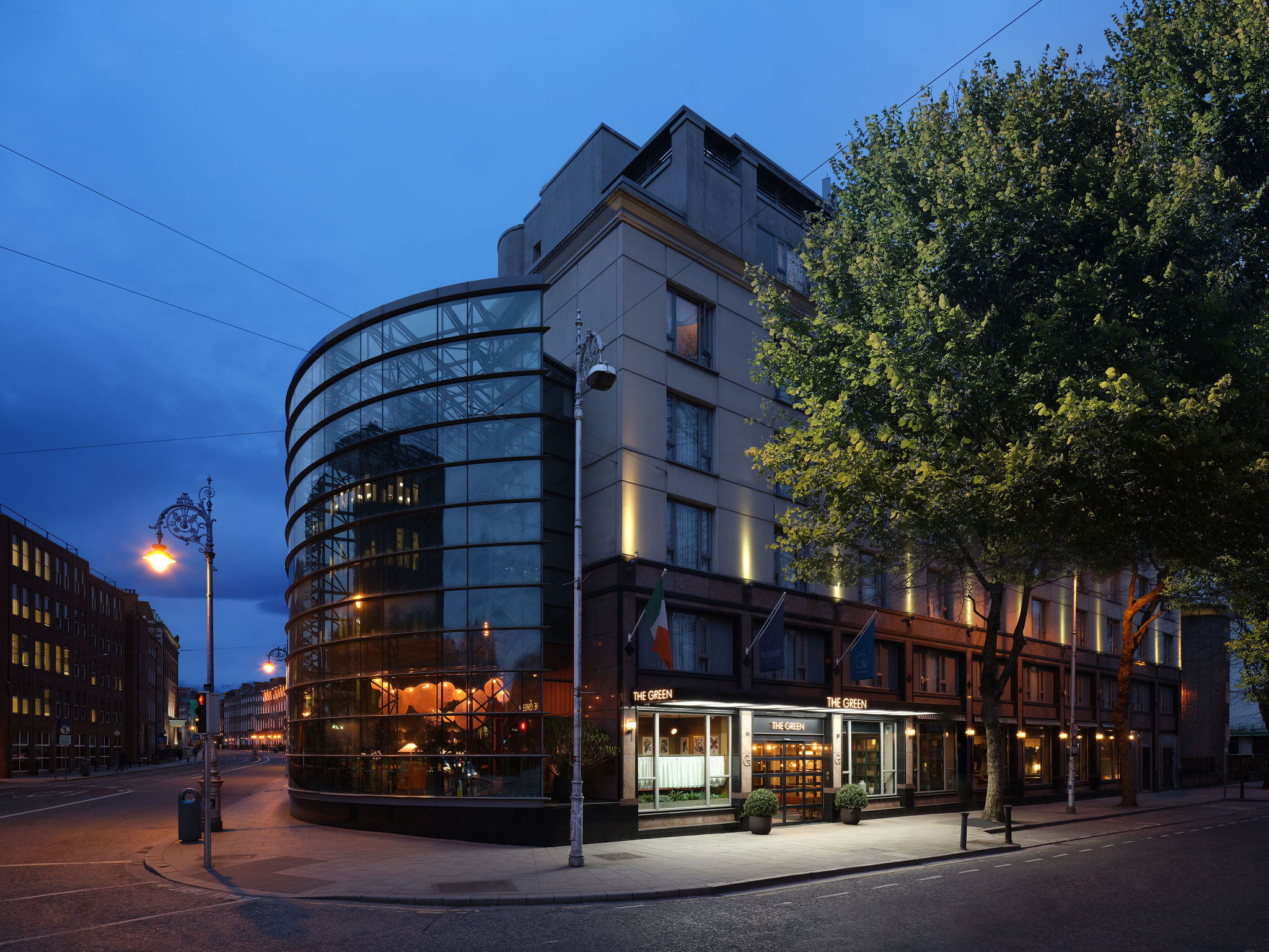 Exterior of the Green Hotel in Dublin by night